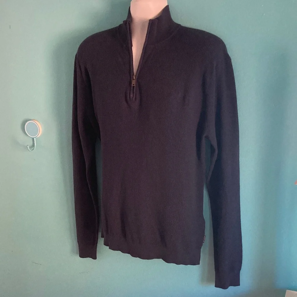 Ted Baker Mens Size 5 / XL Morric Navy Blue Cotton Waffle Pullover Top 1/4 Zip